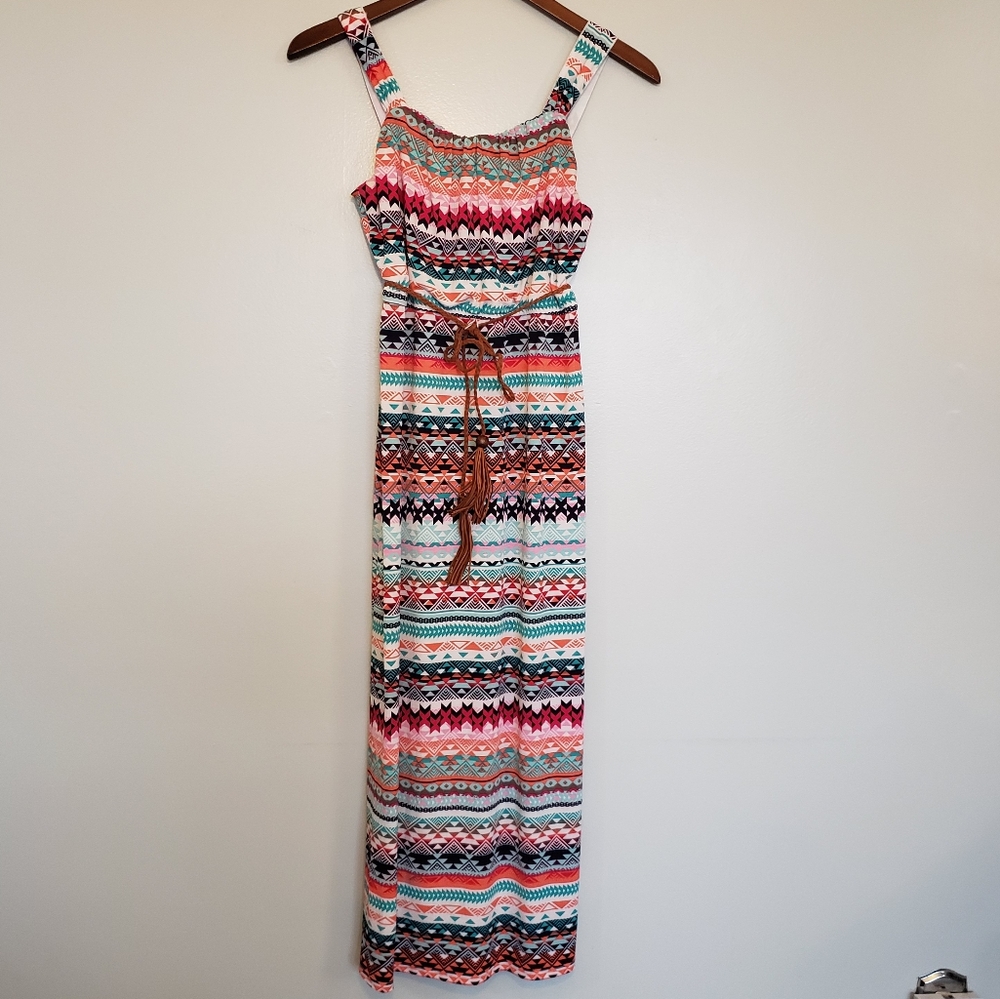 ⭐Three Pink Hearts Trixie Patterned Sleeveless Dress With Boho Belt